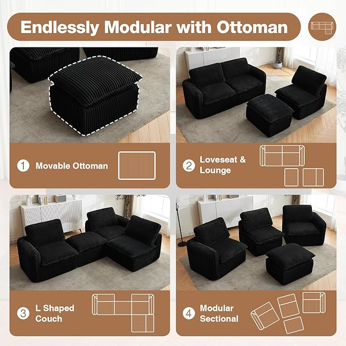 110'' Boneless Modular Sectional Couches for Living Room, Comfy Cloud Couch Sectional Sofas with Ottoman, Convertible L Shaped Couches for Apartment, Dorm, No Assembly Required, Black Corduroy