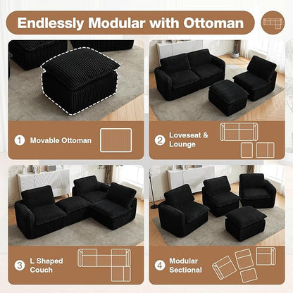 110'' Boneless Modular Sectional Couches for Living Room, Comfy Cloud Couch Sectional Sofas with Ottoman, Convertible L Shaped Couches for Apartment, Dorm, No Assembly Required, Black Corduroy