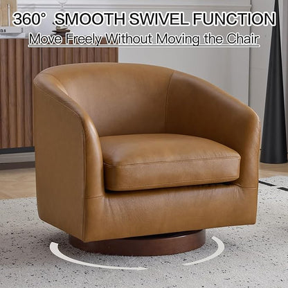 AEDI Genuine Leather Swivel Accent Chair with Solid Wood Base, Upholstered Barrel Armchair for Living Room, Modern Small Club Chair,Genuine Leather,Camel
