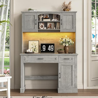 Farmhouse 47" Executive Desk with Hutch, 2 Drawers and LED Light, Computer Desk with Storage Cabinet and Charging Station,Workstation for Home Office and Study.Grey