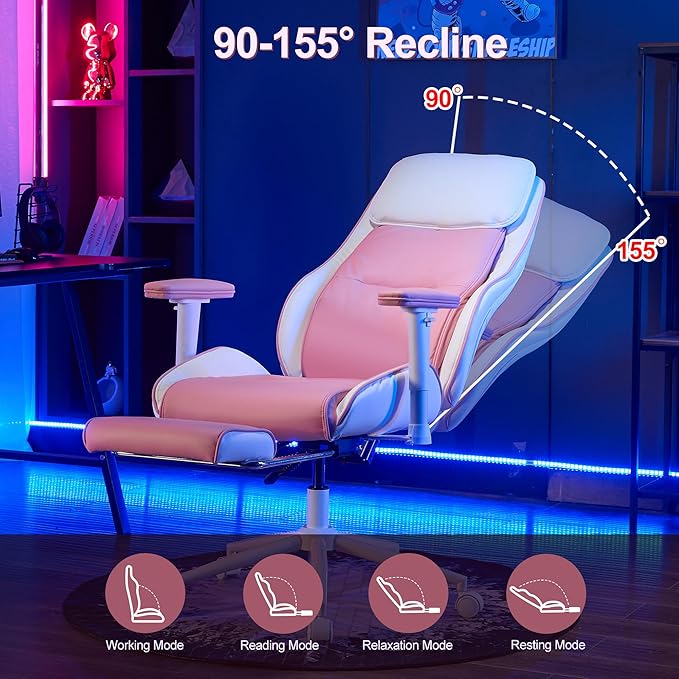 Ergonomic Home Office Chair with Footrest,Modern Faux Leather Reclining Chair,High Back Video Game Executive Computer Chairs with Adjustable Armrest & Lumbar Support,360°Swivel (Pink)