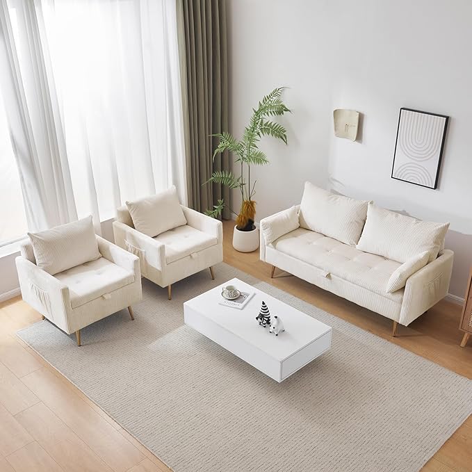 Furnimart 3-Seater Storage Sofa and Couch, Corduroy Loveseat with Accent Single Chair, Small Living Room Furniture Set for Apartment, Tiny Homes and Lofts, 2PC-Beige