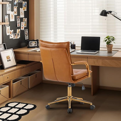 MOJAY Mid-Back Ergonomic Leather Office Chair, Modern Upholstered Executive Desk Chair with Gold Frame Armrest Computer Task Chair (Camel)