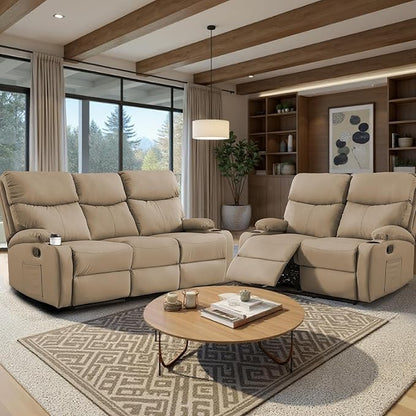 Manual Recliner Sofa Set Anti-Scratch 3 Seats Reclining, Sofa Couches with Side Pocket and Cupholders Wall Hugger Leather Couch for RV Living Room Home Theater Bedroom Apartment