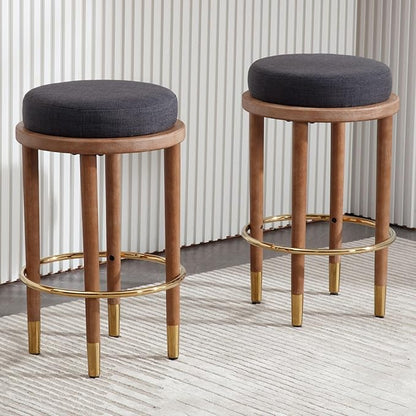 26’’ Rustic Backless Bar Stools with Hardwood Legs, Counter Height Stools Set of 4, Round Kitchen Barstools for Kitchen Island, Farmhouse Charcoal Linen Upholstered Wooden Stools with Footrest