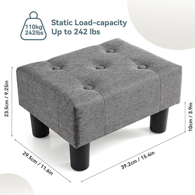 Poofzy Small Foot Stool Ottoman, Linen Ottoman Foot Rest with Legs, Rectangle Foot Rest for Couch, Footstools and Ottomans Small for Living Room and Entryway (Gray)