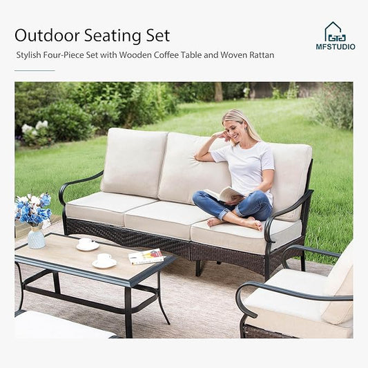 MFSTUDIO 5 PCS Outdoor Patio Furniture Set, Metal Outdoor Conversation Set, Rattan Wicker Patio Sectional Sofa Set with 2 x Swivel Single Sofa, 2-Seat and 3-Seat Sofa, 1 x Coffee Table, Beige