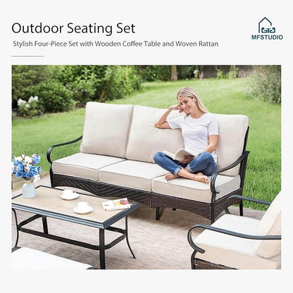 MFSTUDIO 4 Pieces Outdoor Patio Furniture Set, Metal Outdoor Conversation Set, Rattan Wicker Patio Sectional Sofa Set with 2 x Rocking Single Sofa, 3-Seat Sofa, 1 x Coffee Table, Beige