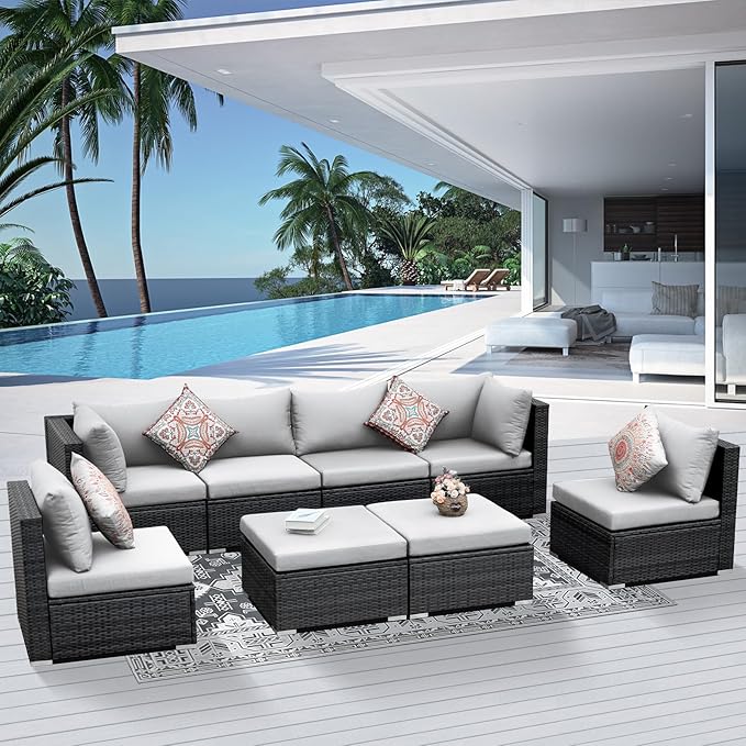 NICESOUL 8 Person Outdoor Patio Furniture Set, Extra Large Wicker Sectional Sofa with Ottoman, All-Weather Wide and Deep Seating Conversations for Outside Garden, 29.3'' High Back Comfy Couches,Grey
