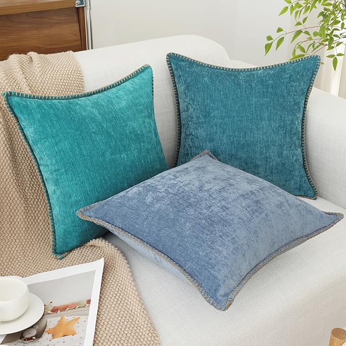 decorUhome Chenille Soft Throw Pillow Covers 18x18 Set of 2, Farmhouse Velvet Neutral Decorative Euro Pillow Covers with Stitched Edge for Couch Sofa Bed Home Decor, Turquoise