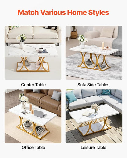 VEVOR Coffee Table, Modern Faux Marble Coffee Table, 2-Tier Rectangle Center Desk with Geometric Legs, Minimalist Sturdy Metal Frame Accent End Desk for Living Room, Office, Easy Assembly, White