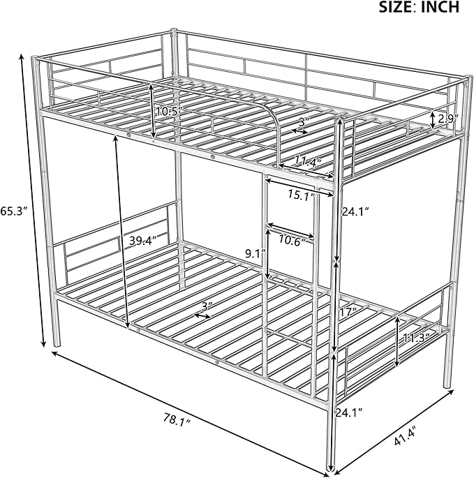 Merax Metal Bunk Bed, Bunk Bed with Ladder and high Guardrail, Able to Split, Under Bed Storage Space, Noise Free, Twin Over Twin Size, White