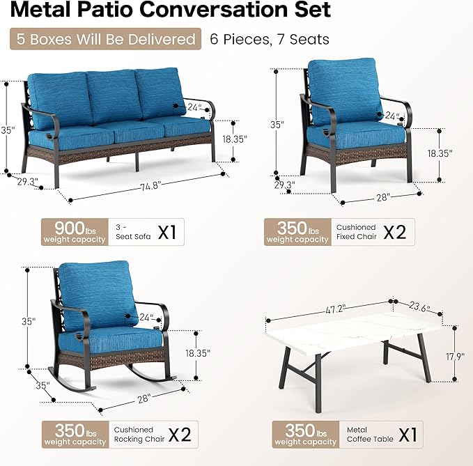 6 Piece Metal Outdoor Patio Furniture Set, Patio Conversation Set 3-Seater Sofa, 2 Fixed Sofa, 2 Rocking Chair with 5.75" Thick Cushion & Coffee Table Black Backyard Furniture, Blue-2