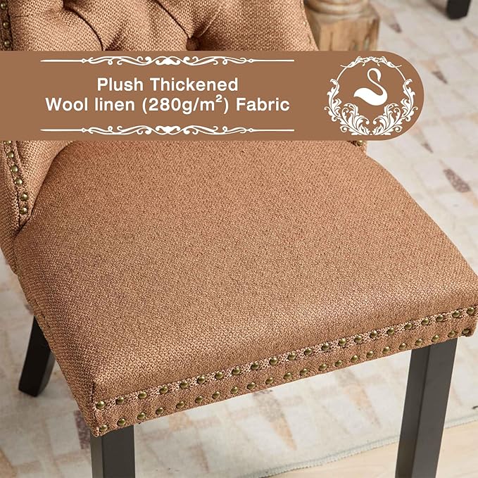 Linen Upholstered Dining Chairs Set of 4, Modern Style Kitchen Side Chairs with Nailhead Trim and Wood Leg, Metal Pulling Ring for Dining Room Living Room(Coffee,Set of 4)