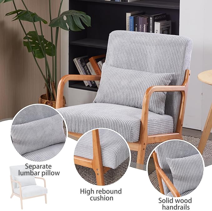 Accent Chairs, Set of 2 Mid-Century Modern Chair with Pillow, Armchair with Solid Wood, Reading Relaxing Leisure Chair for Living Room（Light Grey）