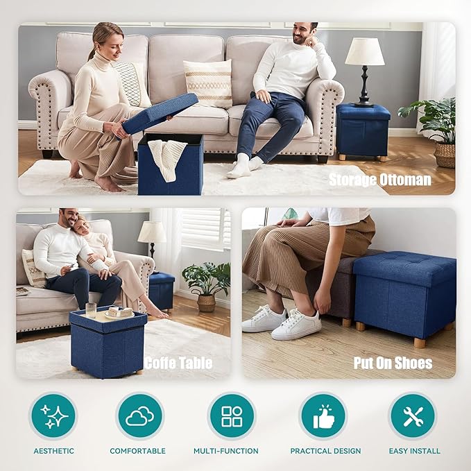 BRIAN & DANY Ottoman with Storage, Small Storage Ottoman for Dorm, Linen Folding Ottoman Foot Stool with Legs for Living Room and Bedroom, 15"x15"x15" - Blue