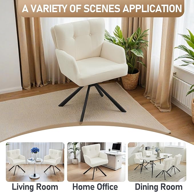 Fabric Dining Chair Modern Upholstered Swivel Dining Room Chairs Comfy Accent Armchair with Mid Back, Desk Arm Chair No Wheels for Kitchen/Living Room/Dining Room, White