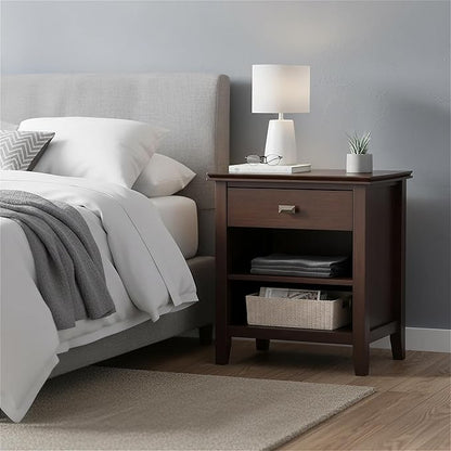 SIMPLIHOME Artisan Bedside Table - 24 inch Wide Solid Wood Nightstand Table in Autumn Brown, Transitional Bedside Stand for Bedroom with Drawer and Open Shelf for Storage