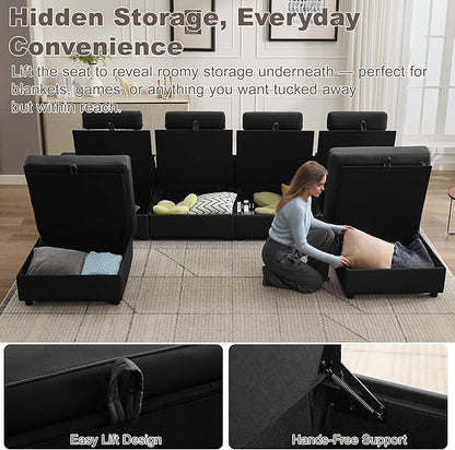 126.8" Modular Sectional Storage Sofa, Oversized Faux Leather U Shaped Couch with 2 Ottoman, Cloud Couch with Headrest & Side Pockets, Sectional Sofas for Living Room Apartment Small Spaces, Black