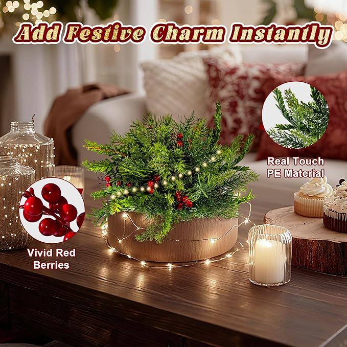2PCS Christmas Artificial Pine Needles Branches Table Decor with Red Berry Pine Cones Greenery Stems Christmas Artificial Greenery Floral Arrangements for Garland Wreath