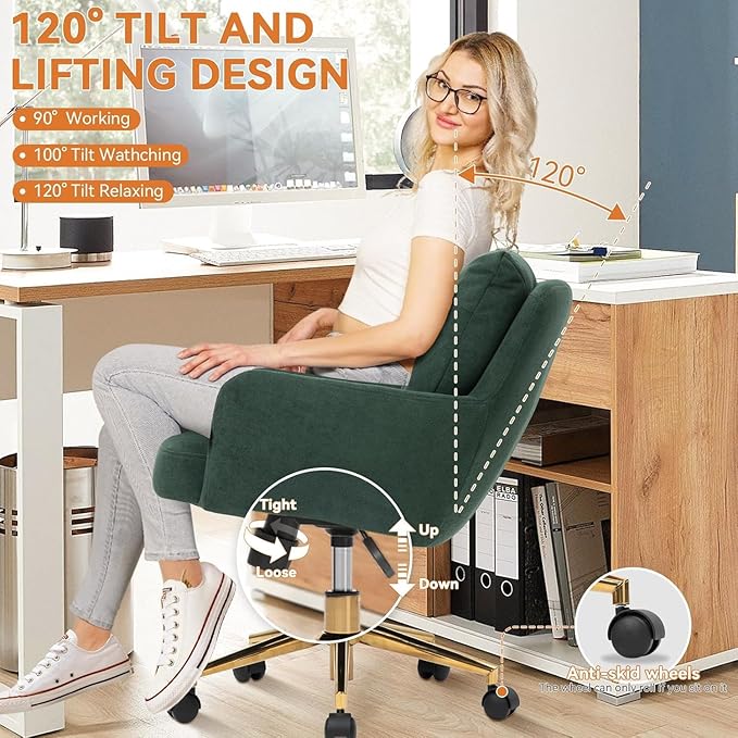 Plush Fabric Office Chair, Comfy Home Office Desk Chairs with Lumbar Support, Modern Plush Fabric Desk Chair Gold Legs Swivel Task Chair for Home Office, Bedroom, Study, Green Upgraded Version
