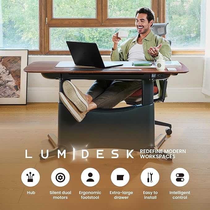 COLAMY Electric Standing Desk, Whole-Piece Gaming Desk with Dual Motors, Ergonomic Footrest, Drawers for Storage, Adjustable Height Sit-Stand Desk for Home Office (Veneer Desktop, Walnut + Black)
