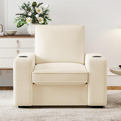 Furnimart 36" Wide Plush Accent Chair, Single Sofa with USB Charger & Cup Holder, Oversized Comfy Chair Tufted Terry Fabric, Ideal for Living Room, Bedroom, Apartment(Terry-Beige)