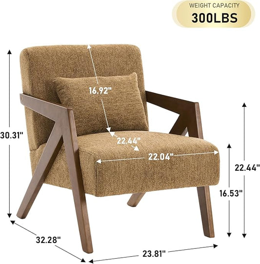 Mid Century Modern Accent Chair with Solid Wood Frame，Upholstered Chenille Living Room Arm Chairs with Pillow for Bedroom, Living Room, Reading Room, Balcony (2, Yellow)