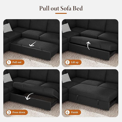Vesgantti 113.6" Modular Sectional Sofa with Pull Out Couch Bed, 7 Seater U Shaped Sleeper Sofa with Storage Chaise, Corduroy Sectional Couch for Living Room, Bedroom, Apartment, Black