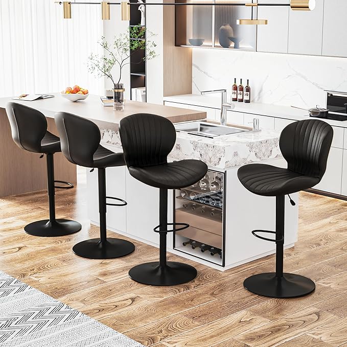 Waleaf Modern Adjustable Swivel Bar Stools Set of 4，Hydraulic Faux Leather Counter Height Barstool with Ergonomic Backrest and Footrest,Upholstered Pub Dining Chairs for Kitchen Island
