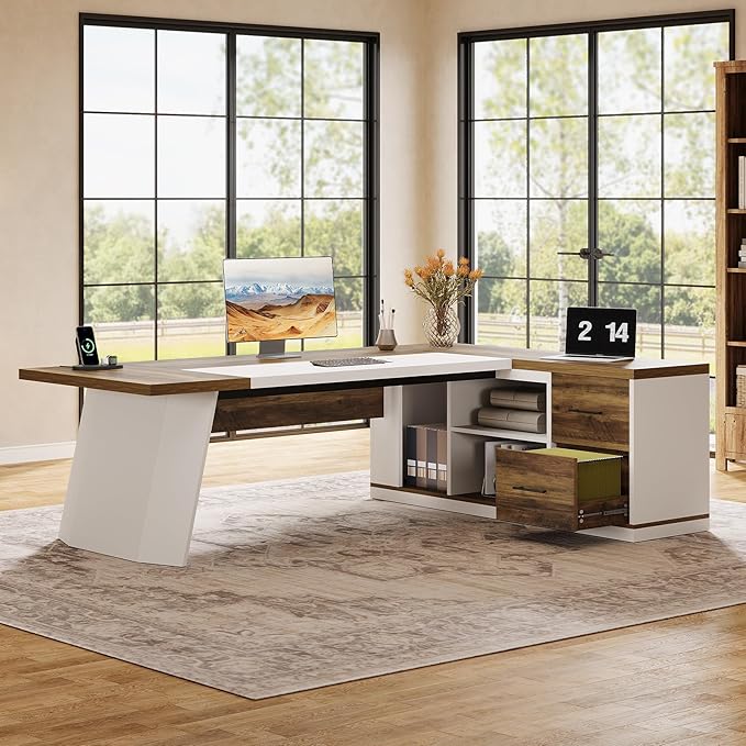 Tribesigns 78.7" L-Shaped Executive Desk, Modern Office Desk with 55.1" Storage Cabinet, Large Computer Table with Drawers and Shelves, Business Furniture Workstation for Home Office, Brown & White
