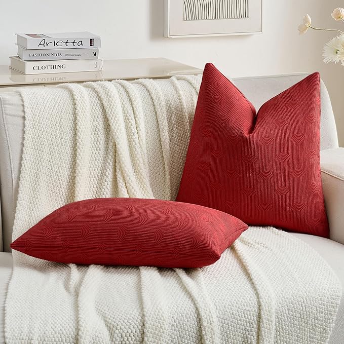 FUTEI Christmas Red Chenille Decorative Throw Pillow Covers 20x20 Inch Set of 2,Soft Cozy Striped Geometric Patterns Cushion Cases,Modern Home Decor for Couch Bed Living Room