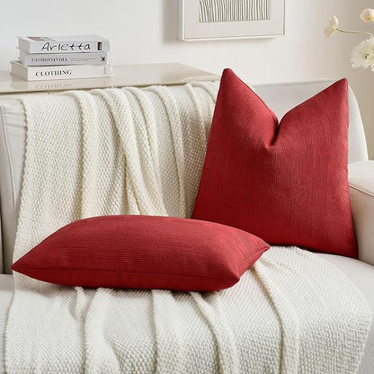 FUTEI Christmas Red Chenille Decorative Throw Pillow Covers 18x18 Inch Set of 2,Soft Cozy Striped Geometric Patterns Cushion Cases,Modern Home Decor for Couch Bed Living Room