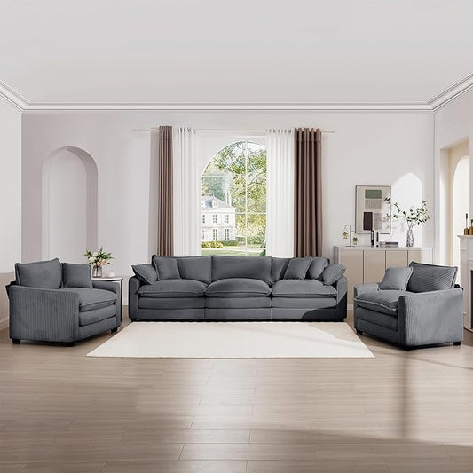 mikibama Luxury 3 Piece Sofa Set, 3-Seater & 2 Single Sofa Set, Modern Corduroy Comfy Cloud Couches Set for Living Room Office with 2 Armrest Pillows and 5 Toss Pillows, Grey
