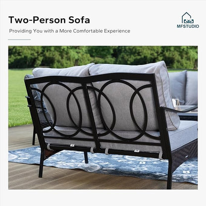 MFSTUDIO 5 PCS Outdoor Patio Furniture Set, Metal Outdoor Conversation Set, Rattan Wicker Patio Sectional Sofa Set with 2 x Fixed Single Sofa, 2-Seat and 3-Seat Sofa, 1 x Coffee Table, Grey