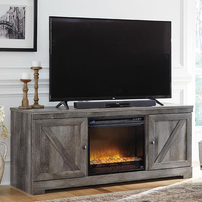 Signature Design by Ashley Wynnlow Farmhouse 63" TV Stand for TVs up to 72" with Electric Fireplace, Light Gray