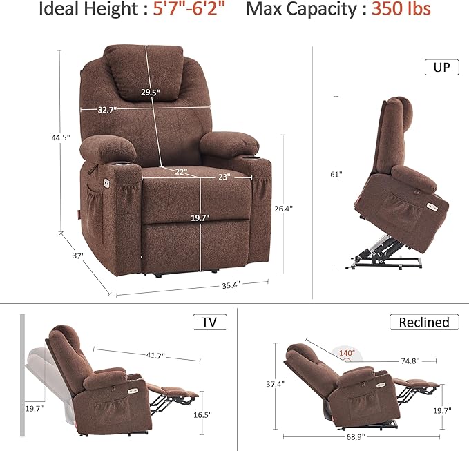 MCombo Power Lift Recliner Chair for Elderly, Lift Chair with Heat and Massage for Tall People, USB&Type C Ports, Extended Footrest, Cup Holders, Fabric 7516 (Large, Coffee)