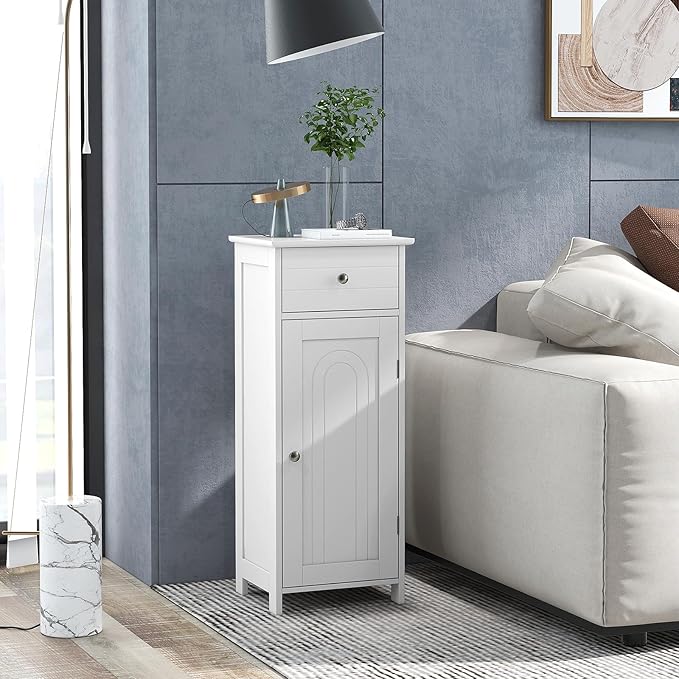 LOKO Bathroom Floor Cabinet, Freestanding Single Door Storage Cabinet with Drawer & Adjustable Shelves, Corner Narrow Storage Organizer for Living Room, Entryway (White)