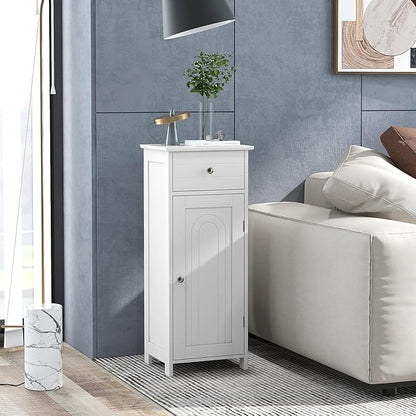 LOKO Bathroom Floor Cabinet, Freestanding Single Door Storage Cabinet with Drawer & Adjustable Shelves, Corner Narrow Storage Organizer for Living Room, Entryway (White)