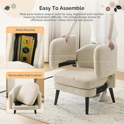 VINGLI 30.3" Wide Modern Barrel Accent Armchair with Track Armrest, Solid Wooden Legs, Comfy Upholstered Club Chair, Round Single Home Sofa for Living Room, Bedroom, Reading Room, Corduroy Beige
