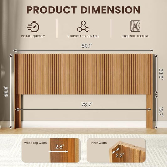 COCO DESIGN King Size Headboard Only, 80" Wide Wooden Headboard, Mid Century Modern Farmhouse Boho HeadBoard, Wall Mount, Fluted Panel, Wingback Design, Natural