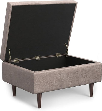 SIMPLIHOME Shay 34 inch Wide Mid Century Modern Small Rectangle Coffee Table Storage Ottoman in Distressed Grey Taupe Vegan Faux Leather, Assembled, for The Living Room and Entryway