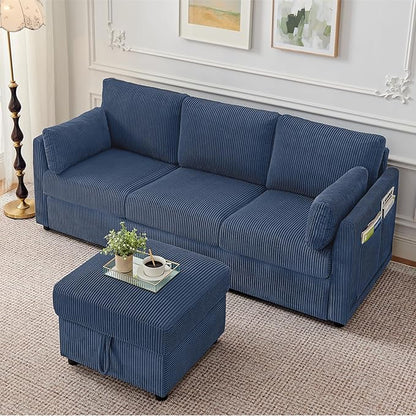 Corduroy Storage Ottoman for Living Room Sofas Couches, Square Ottoman with Storage Space Foot Rest Stool for Apartment, Dorm, Entryway, Navy Blue
