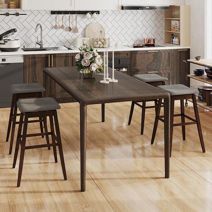 COSTWAY Swivel Bar Stools Set of 4, 30-inch Height Backless Upholstered Chairs with Padded Contoured Seat, Rubber Wood Legs, Footrest, Linen Fabric Barstools for Kitchen Counter Island, Grey+Brown