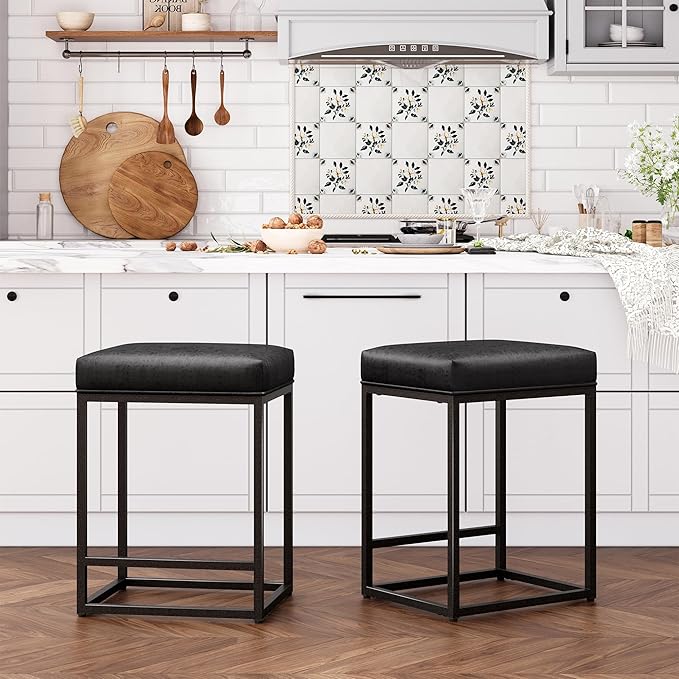 ALPHA HOME 24 Inch Counter Height Bar Stools Set of 4, Upholstered Bar Stools for Kitchen Island, Counter Stools with Faux Leather Cushion and Sturdy Metal Frame, Modern Barstools, Black