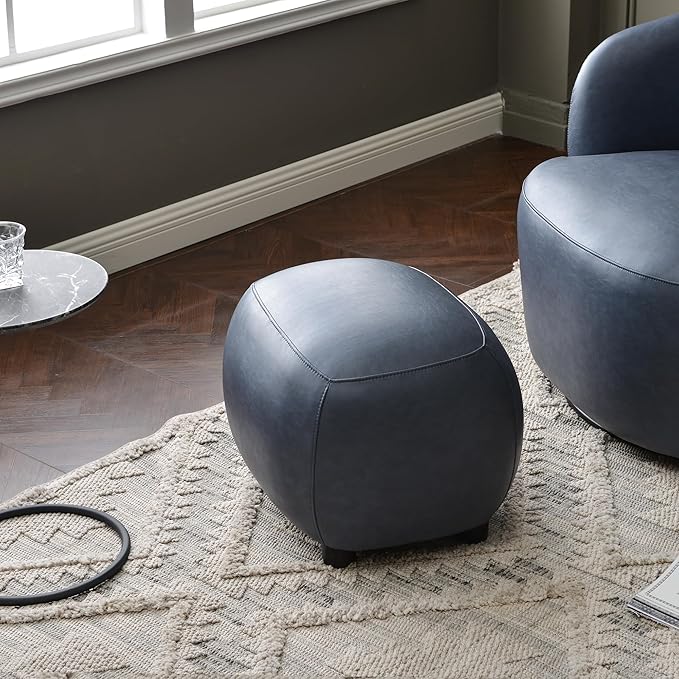 KINWELL 23" Wide Faux Leather Upholstered Ottoman, Mid-Century Modern Living Room Footrest with Soft Padded Seat, Footstool for Bedroom, Entryway or Living Room, Navy