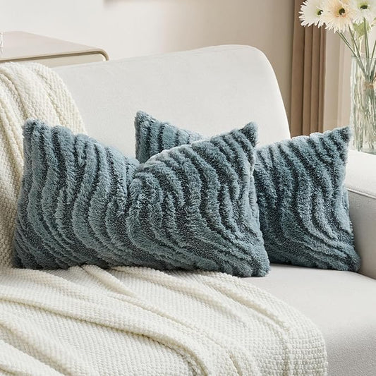 FUTEI Blue Decorative Throw Pillow Covers 12x20 Inch Set of 2,Soft Faux Fur Geometric Shapes Texture Pillowcase,Boho Home Decor for Couch Bed Living Room
