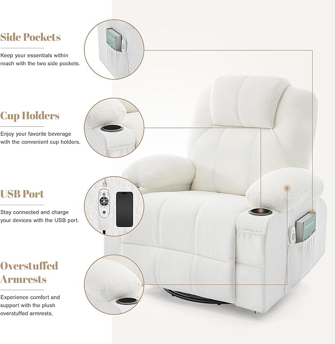 Oversized Swivel Rocker Recliner Chair with Heat and Massage, Large Big Recliner Chair for Living Room, 360 Degree Swivel Rocking Single Sofa with Cup Holders and USB Port(Teddy, White)