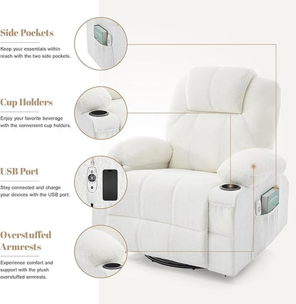 Oversized Swivel Rocker Recliner Chair with Heat and Massage, Large Big Recliner Chair for Living Room, 360 Degree Swivel Rocking Single Sofa with Cup Holders and USB Port(Teddy, White)