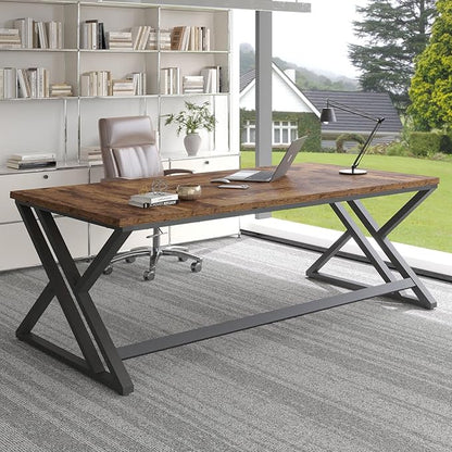 LVB 70.8" Computer Desk, Industrial Extra Long Wood Home Office Desk, Large Rustic Modern Metal Workstation Pc Study Writing table, Dual monitor Double Work Executive Desk for Two Person, Rustic Brown